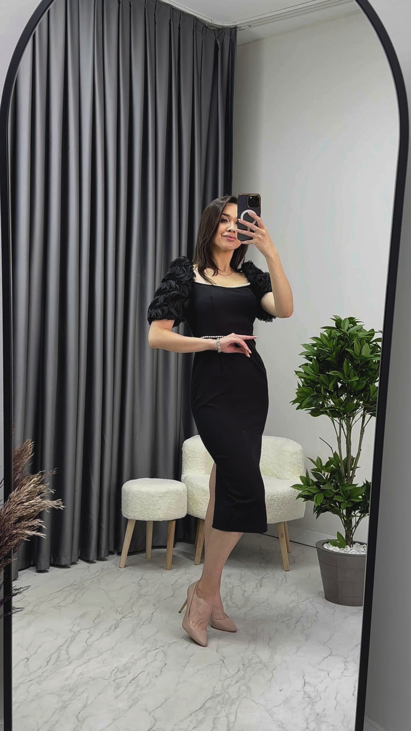 Siyah İnci detay Kalem Prenses Kol Tasarım Elbise