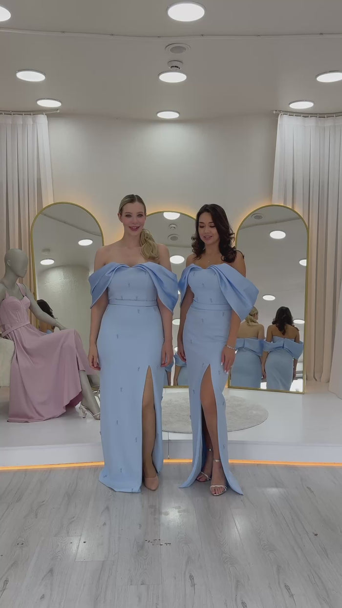 Kayık Yaka Boncuk Detay Yırtmaçlı Abiye Elbise