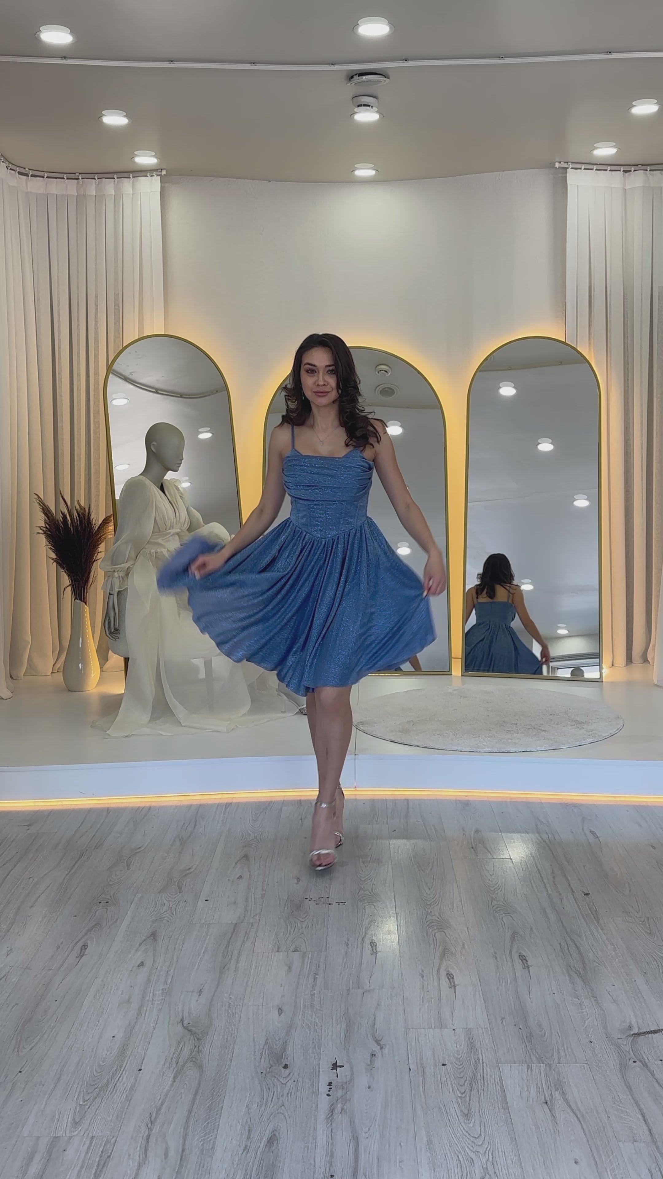 İndigo Simli Drape Detay Askılı Mini Kloş Abiye Elbise