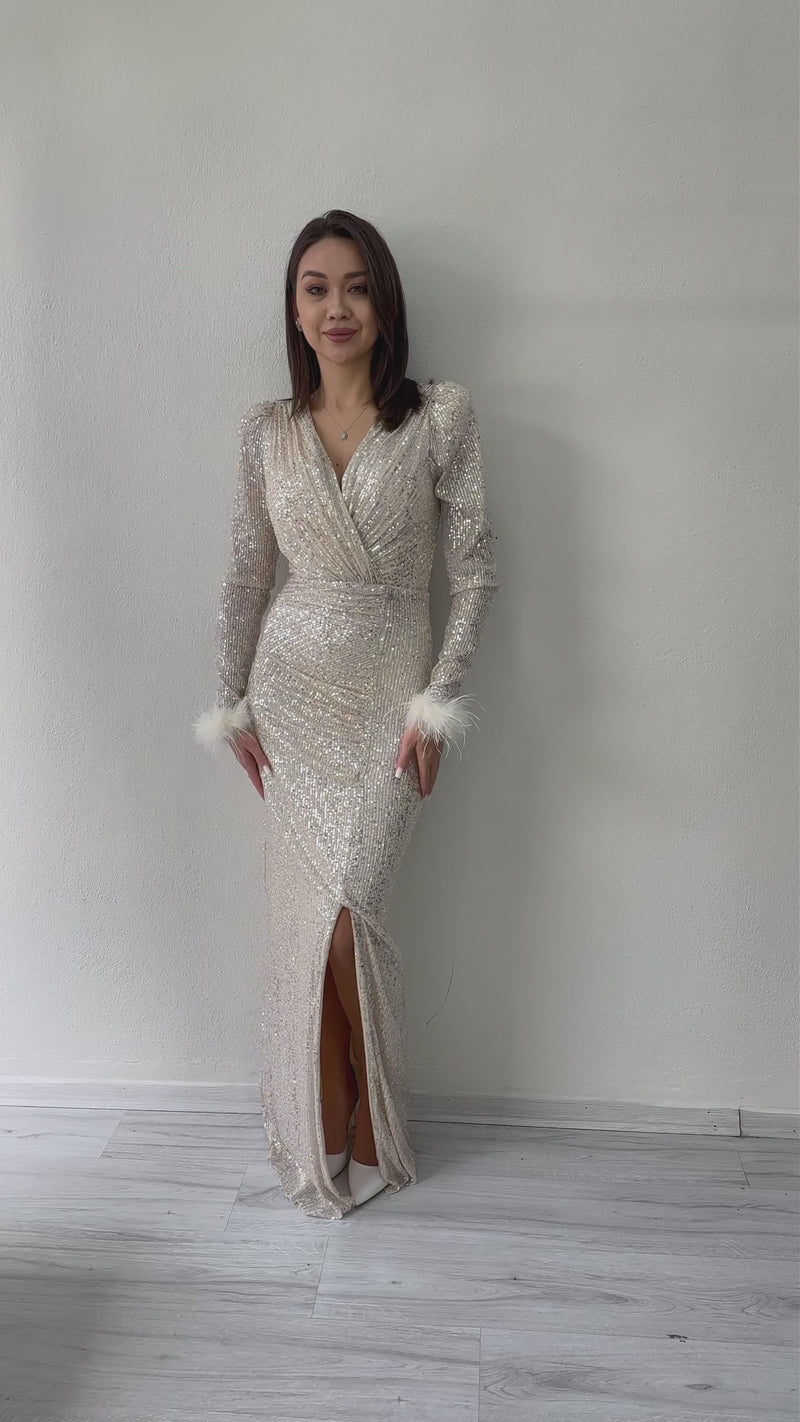 Kruvaze Yaka Pul Payet Uzun  Büyük Beden Abiye Elbise