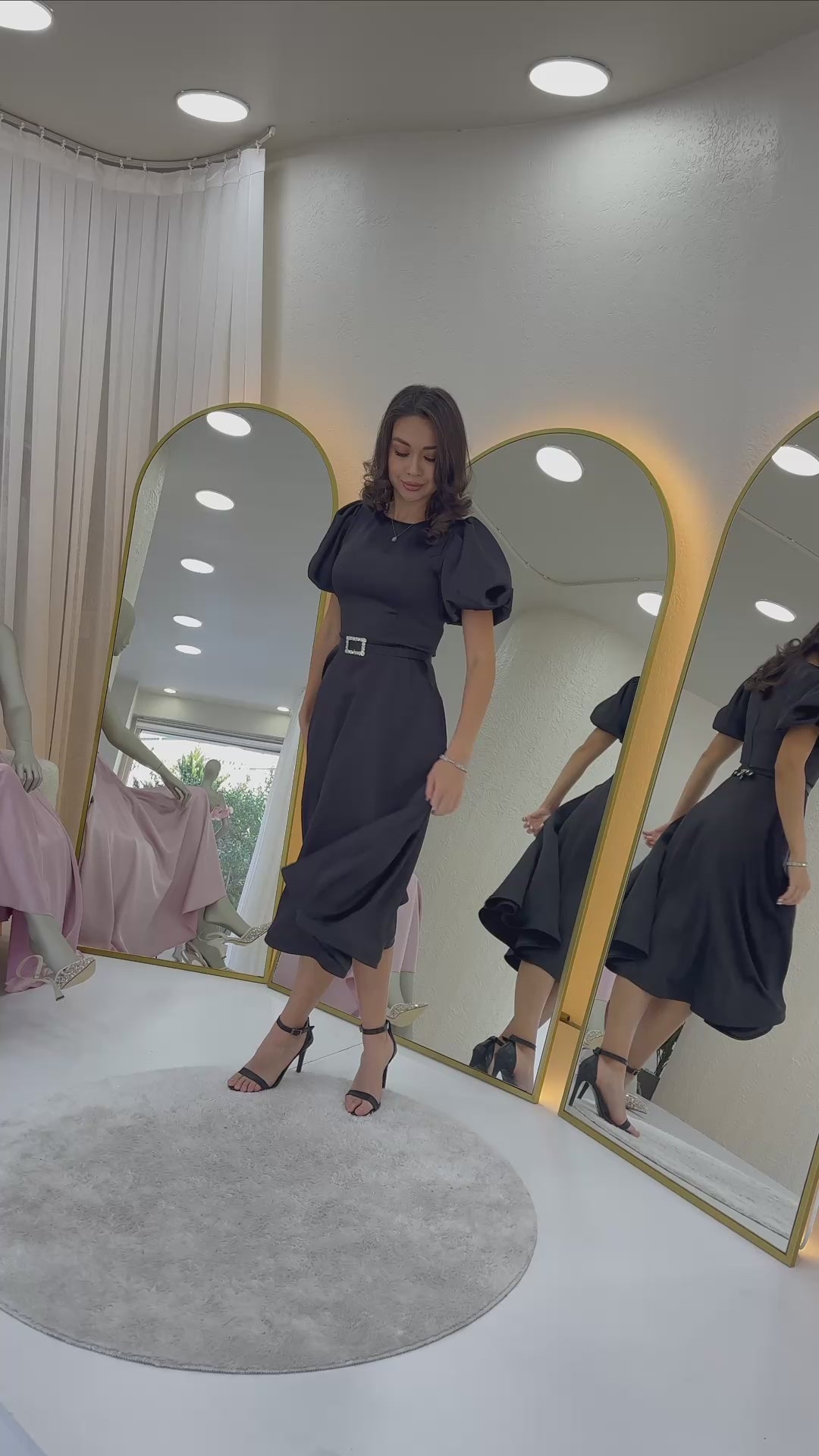 Balon Kol Taş Kemerli Midi Boy Saten Abiye Elbise