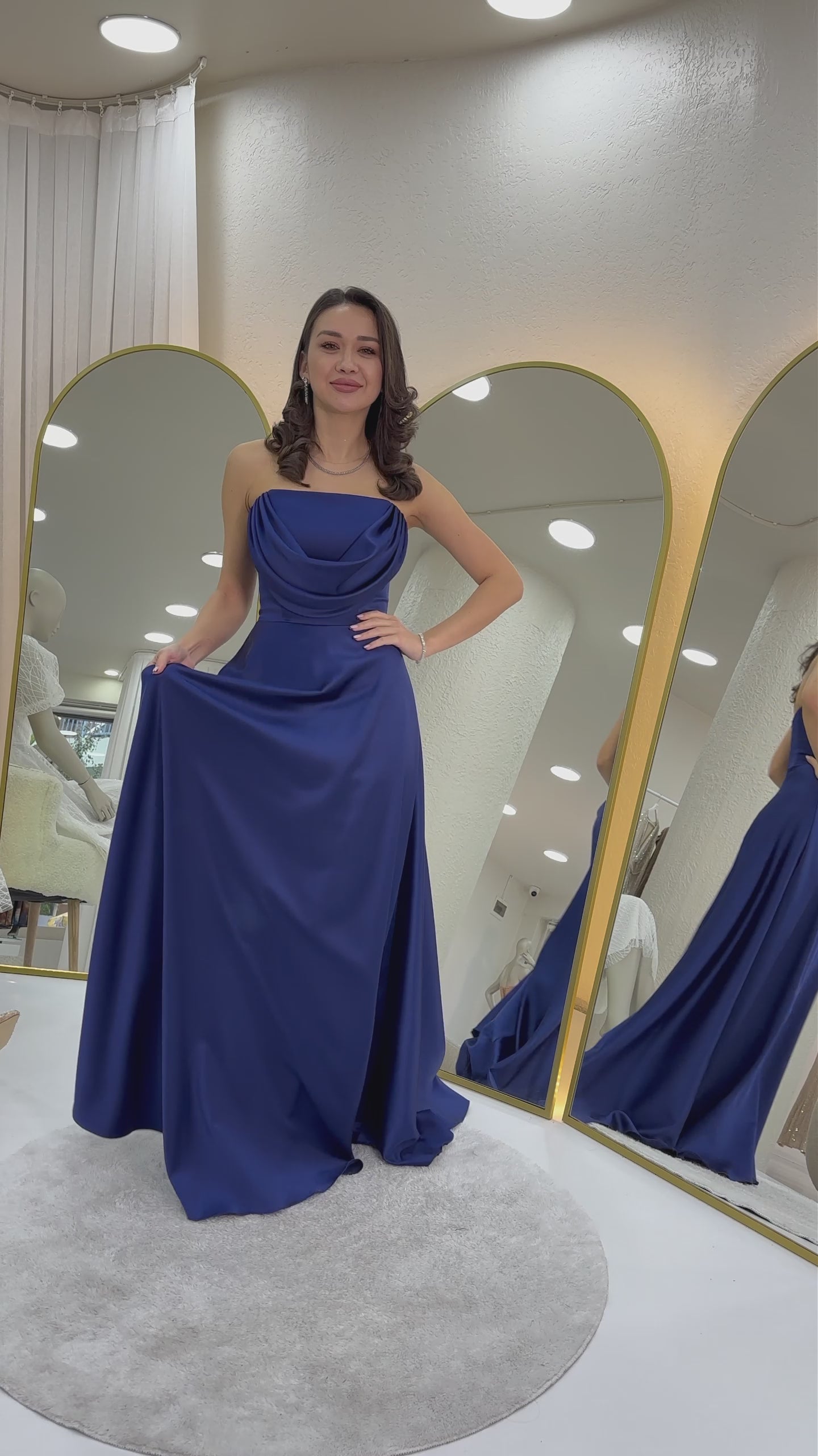 Straplez Saten Uzun Abiye Elbise