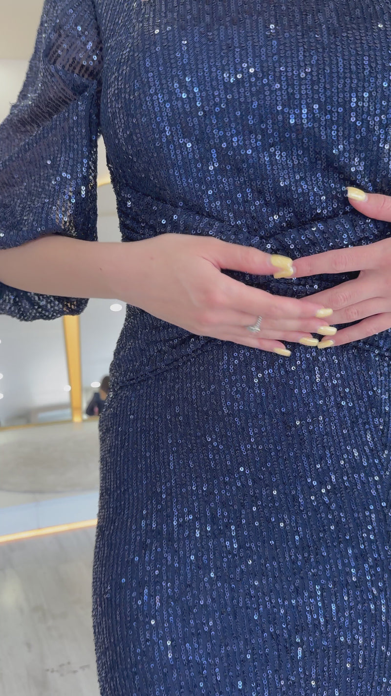 Lacivert Pul Payet Ön Büzgülü Balon Kol Yırtmaçlı 