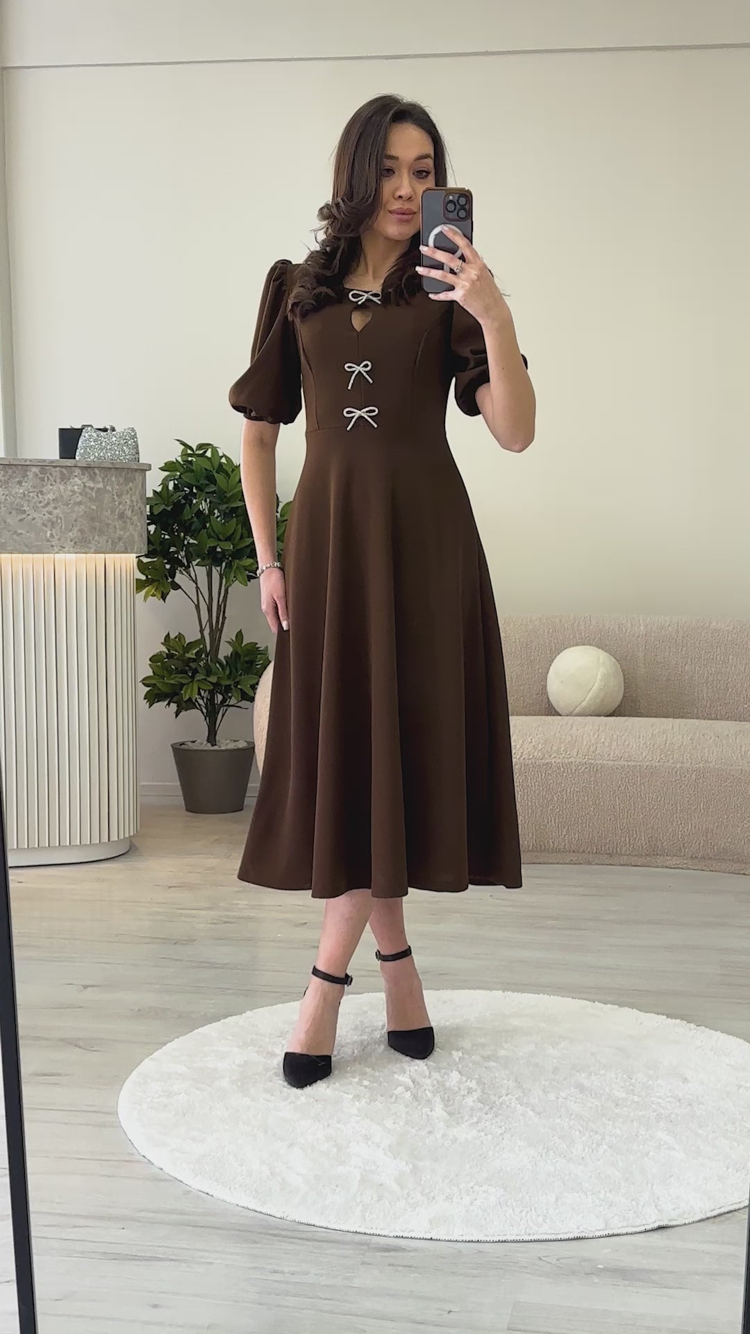 Kadın Taba Fiyonk Detay Midi Kısa Kol Elbise