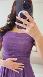 Kadın Lila Midi Boy Kloş Askılı Düşük Omuz Abiye Elbise