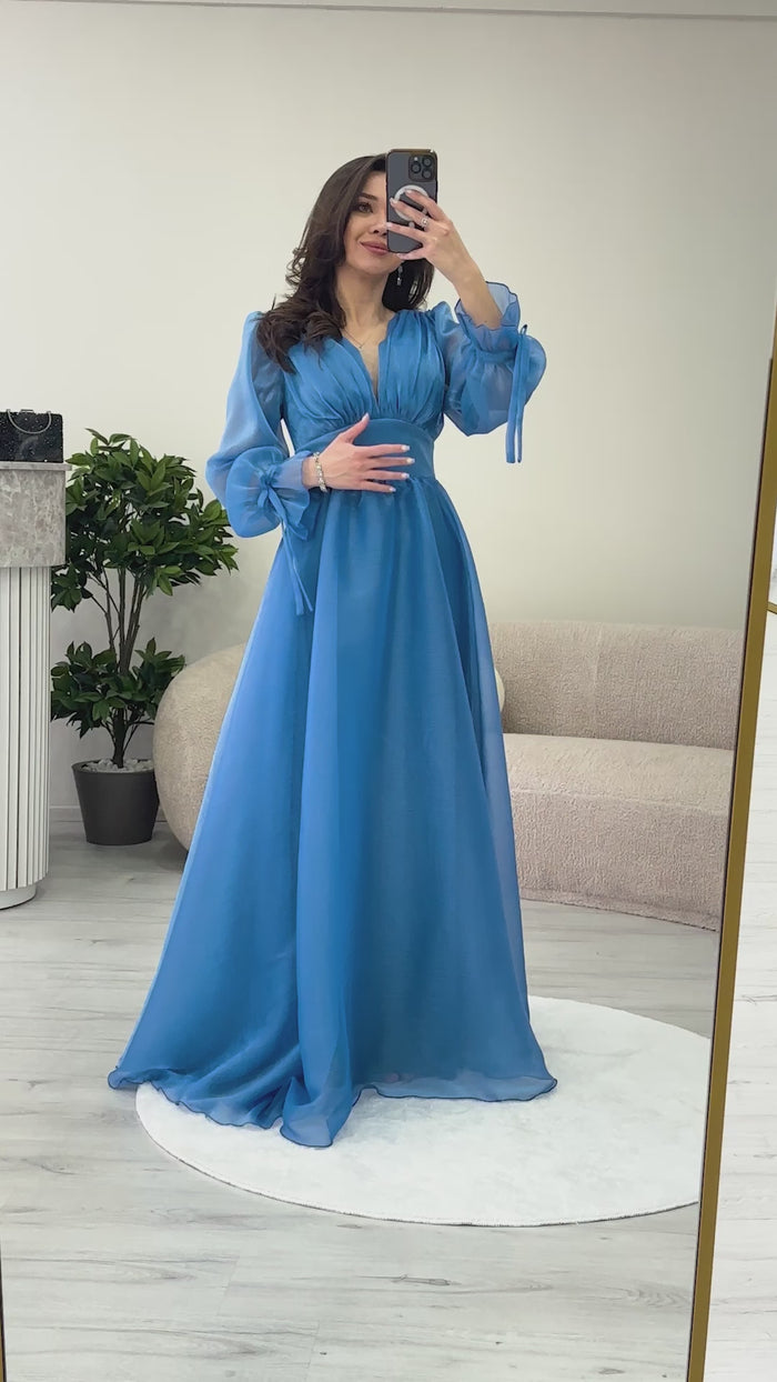 Asimetrik Etek İndigo Karpuz Kol Prenses V Yaka Abiye Elbise