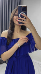 Saks Madonna Carmen Fırfır Yaka Büyük Beden Şifon Elbise

