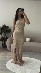 Kadın Bej Askılı Yırtmaçlı Pul Payet Abiye Elbise