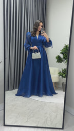 Asimetrik Etek Petrol Mavi Karpuz Kol Prenses V Yaka Abiye Elbise