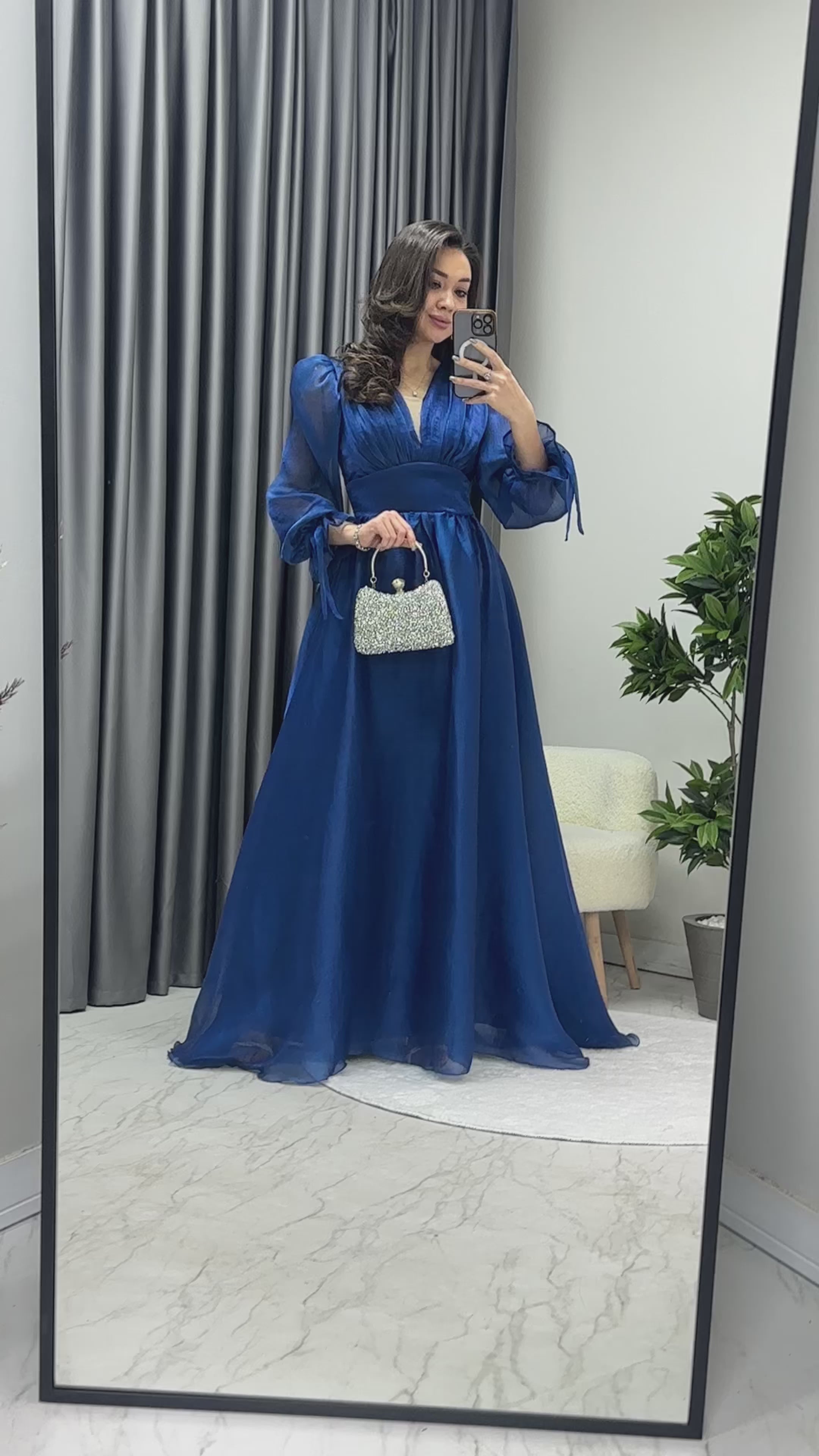 Asimetrik Etek Petrol Mavi Karpuz Kol Prenses V Yaka Abiye Elbise