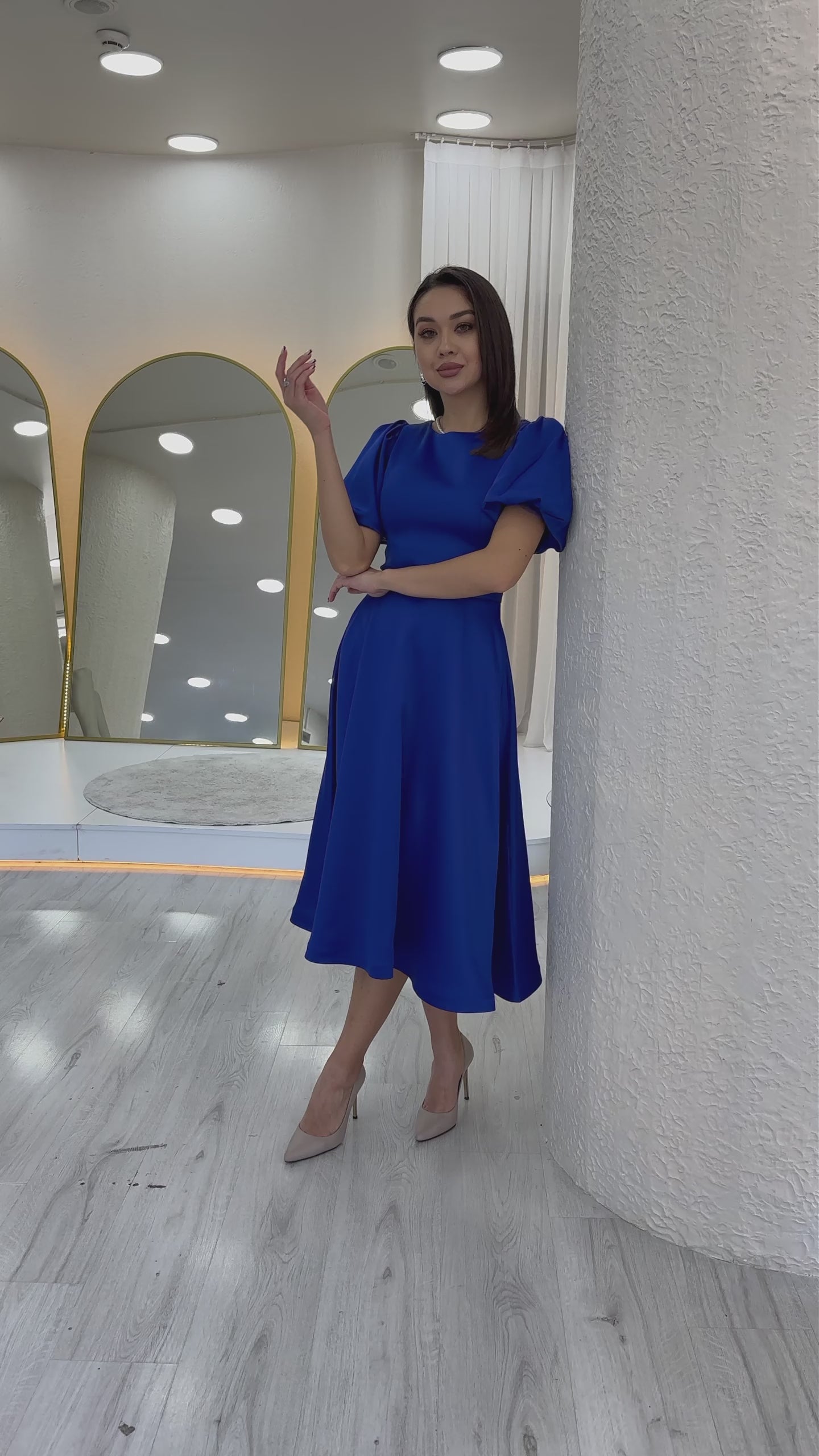 Kadın Saks Balon Kol Taş Kemerli Midi Boy Saten Abiye Elbise