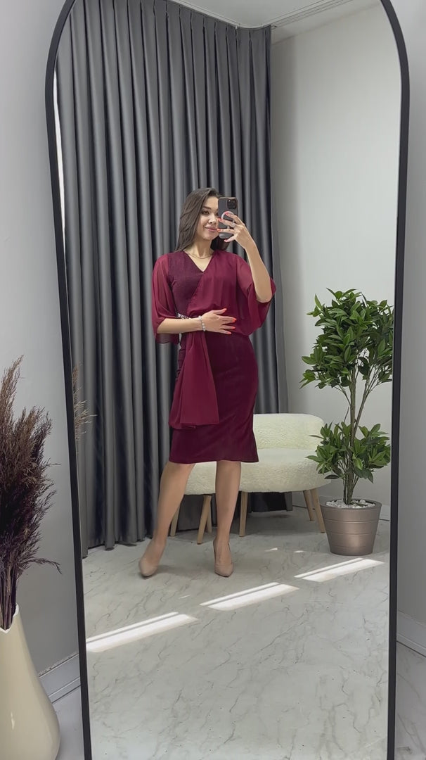 Kadın Bordo Taş Detaylı Volan Kol Simli Abiye Elbise