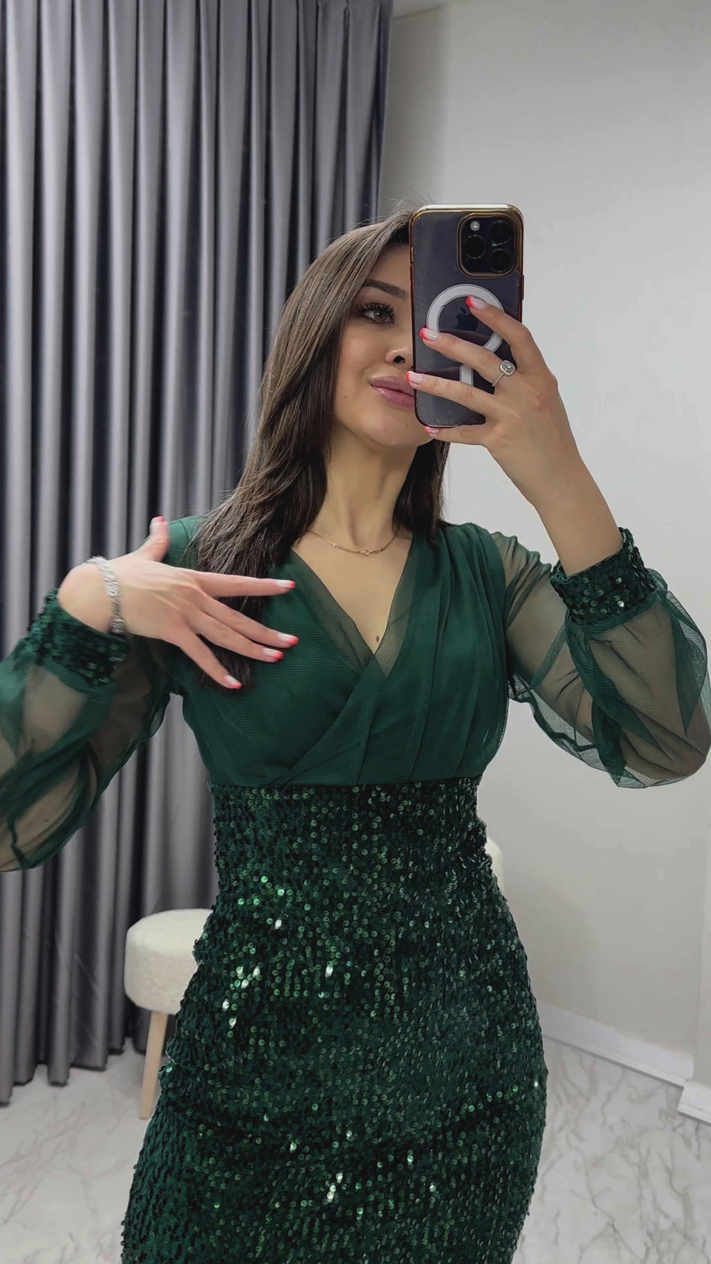 Zümrüt Yeşili Kruvaze Yaka Payet Mini Abiye Elbise