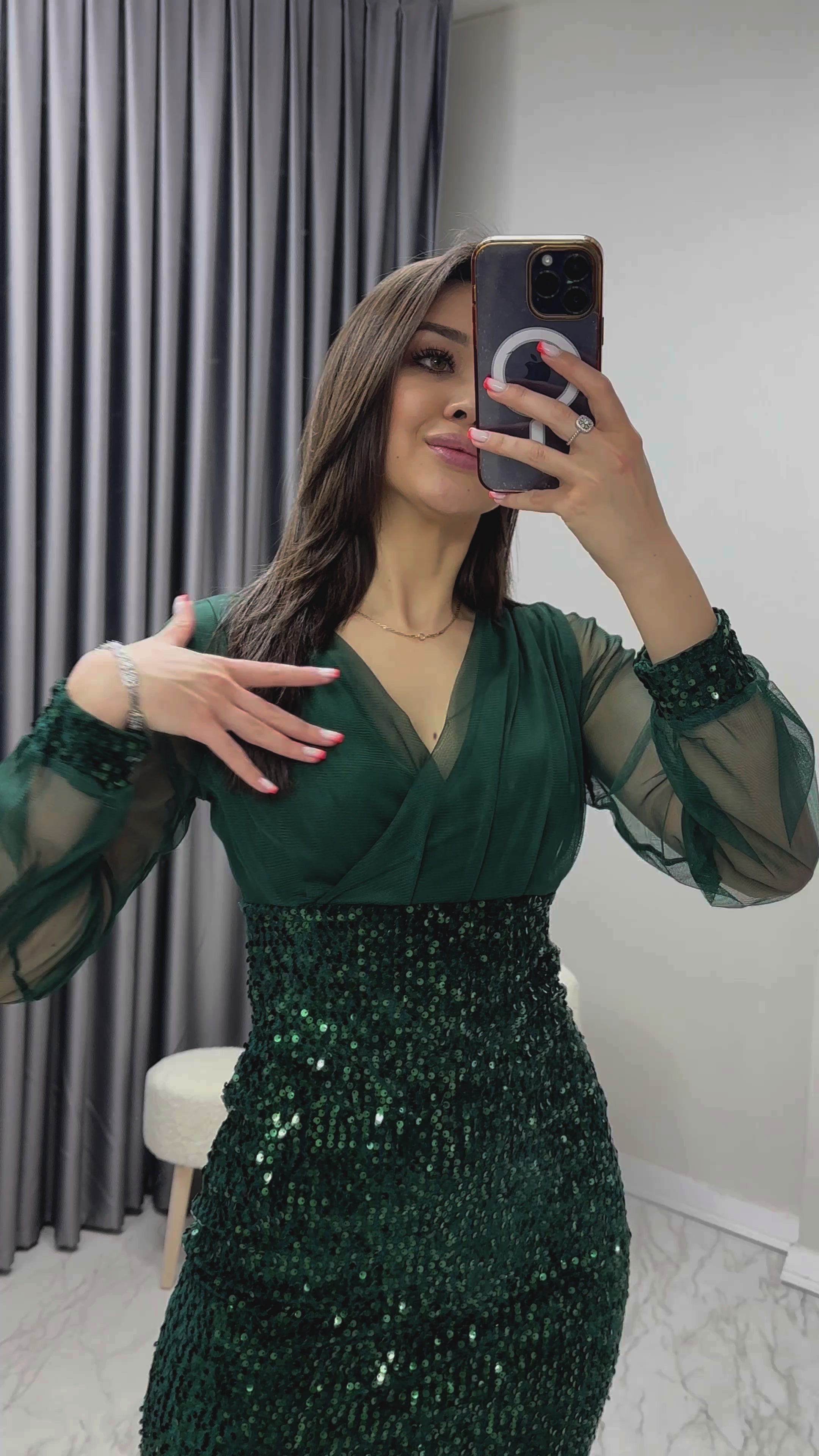 Zümrüt Yeşili Kruvaze Yaka Payet Mini Abiye Elbise