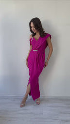 Fuşya Tek Omuz Taş Detaylı Drapeli Midi Boy Abiye Elbise