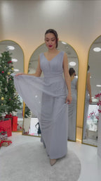 Kadın Gri Sıfır Kol Transparan Detay Abiye Elbise