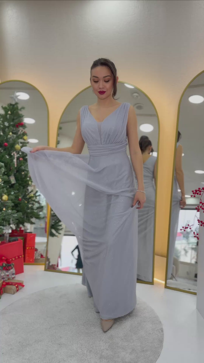 Kadın Gri Sıfır Kol Transparan Detay Abiye Elbise