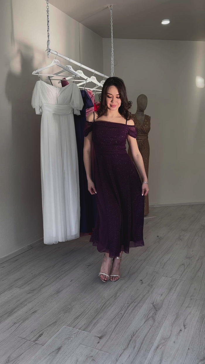 Kadın Mor Midi Boy Kloş Askılı Düşük Omuz Abiye Elbise