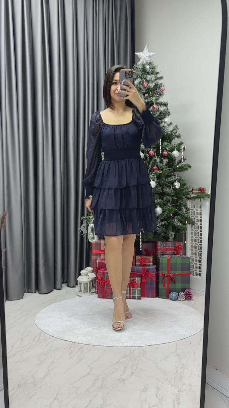 Kadın Lacivert Uzun Kollu Gipeli Fırfır Etek Şifon Elbise