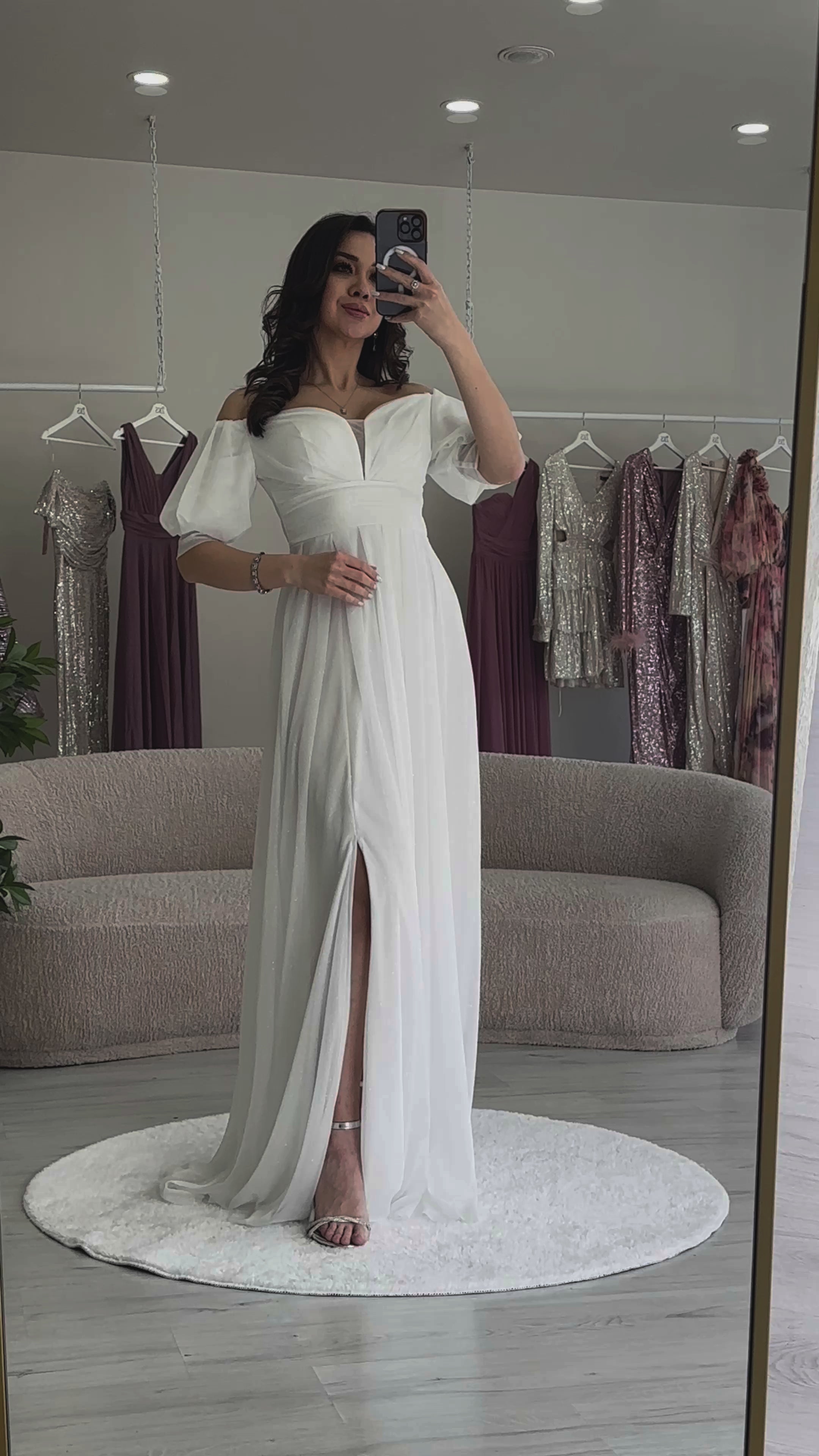 Kadın Beyaz Kısa Kol Drapeli Abiye Elbise