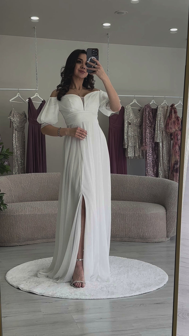 Kadın Beyaz Kısa Kol Drapeli Abiye Elbise