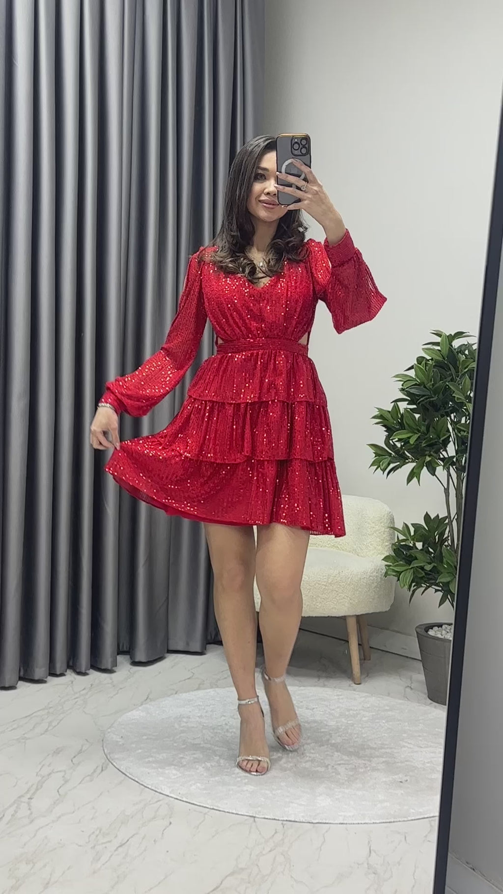 Kırmızı Pul Payet Sırt Dekolteli Mini After Abiye Elbise