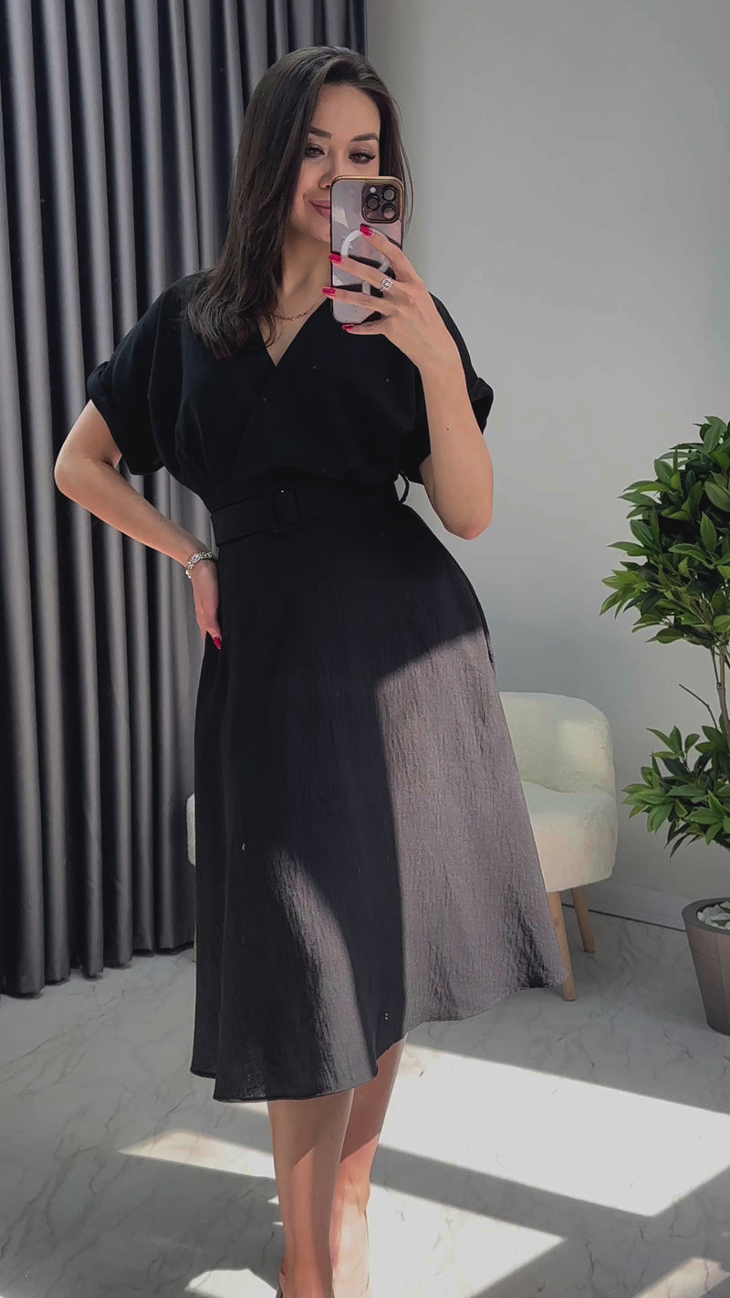 Kadın Siyah Keten Kemerli Midi Cepli Elbise