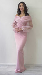 Pudra Şifon Kol Detaylı Düşük Omuz Balık Abiye Elbise