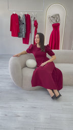  Balon Kol Midi Boy Volanlı Elbise