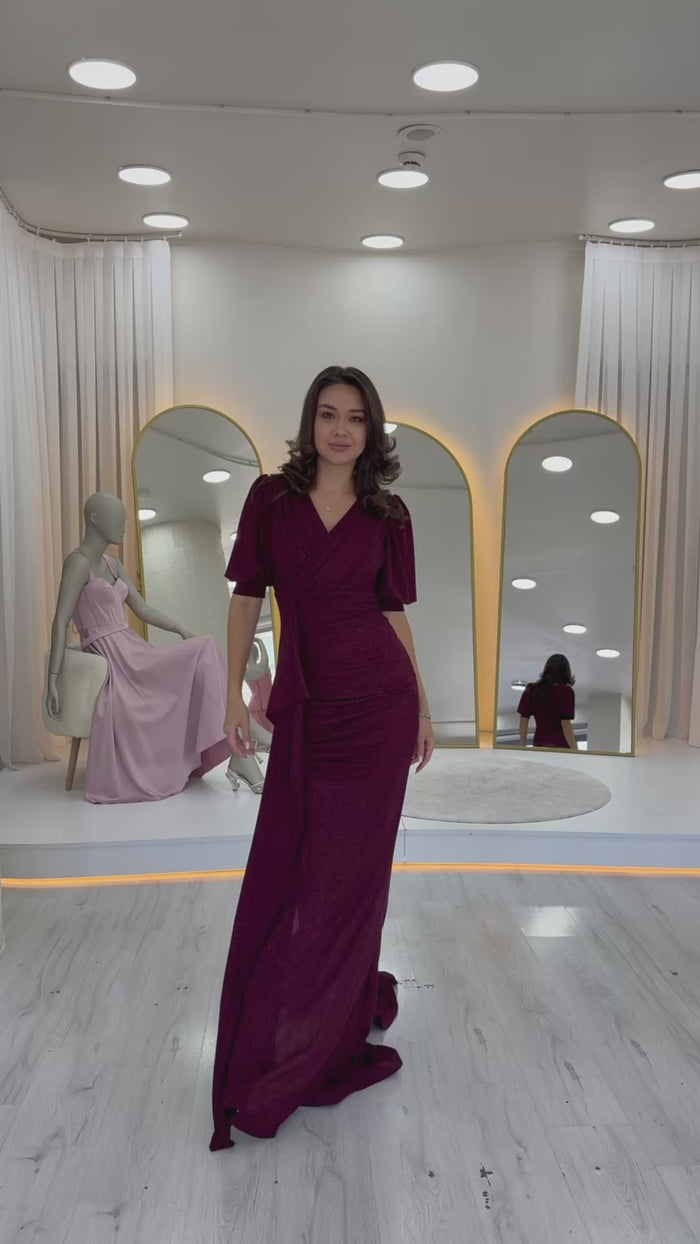 Balon Kol Simli Drapeli Volan Detay Balık Abiye Elbis