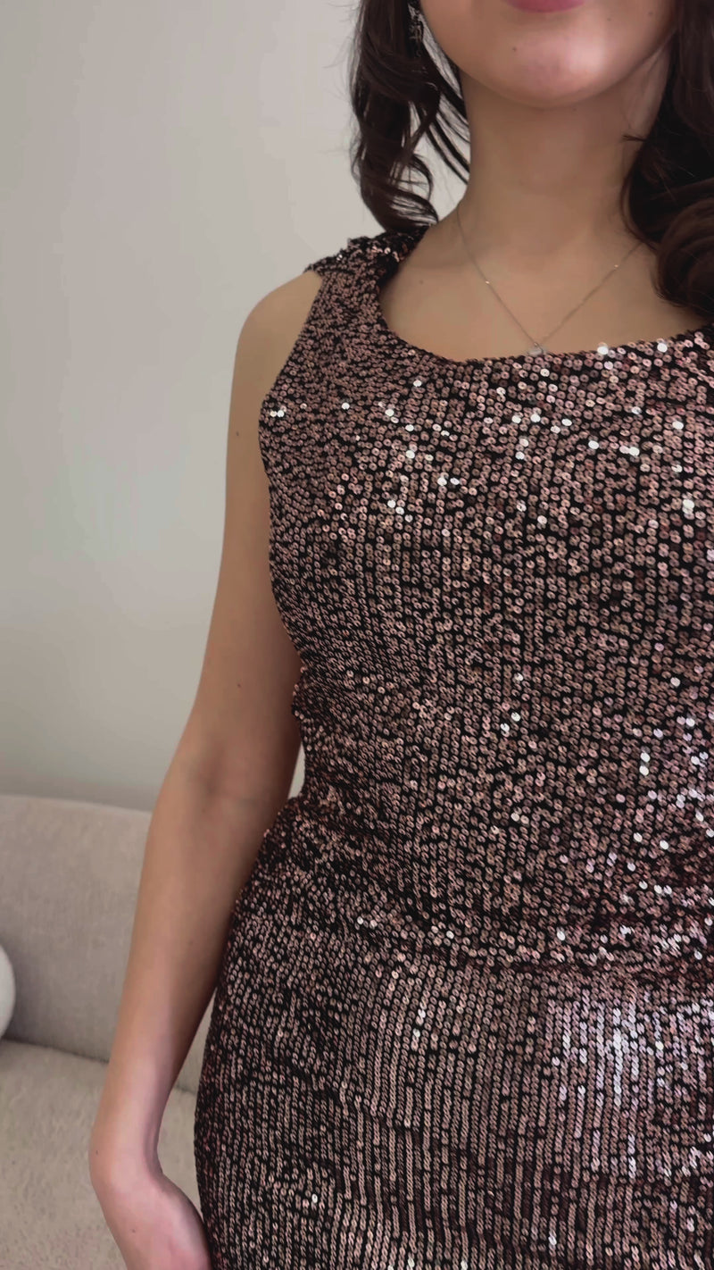 Kadın Vizon Sırt Dekolteli Askılı Pul Payet Büyük Beden Abiye Elbise