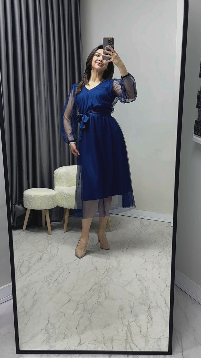 Mavi V Yaka Tül Kloş Büyük Beden Elbise