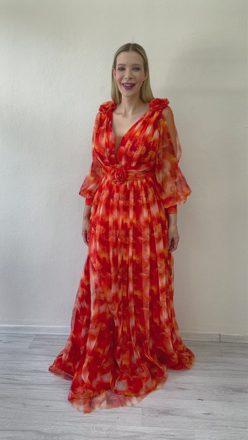 Kadın Turuncu Çiçek Detay Desenli Büyük Beden Abiye Elbise