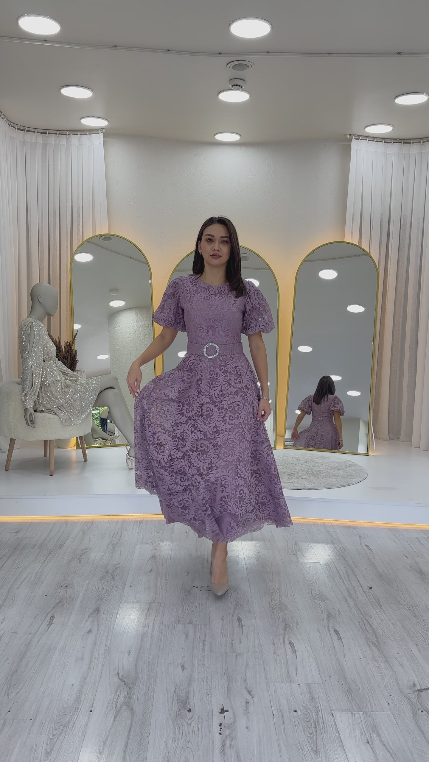 Balon Kol Maxi Boy Kemerli Dantel Elbise