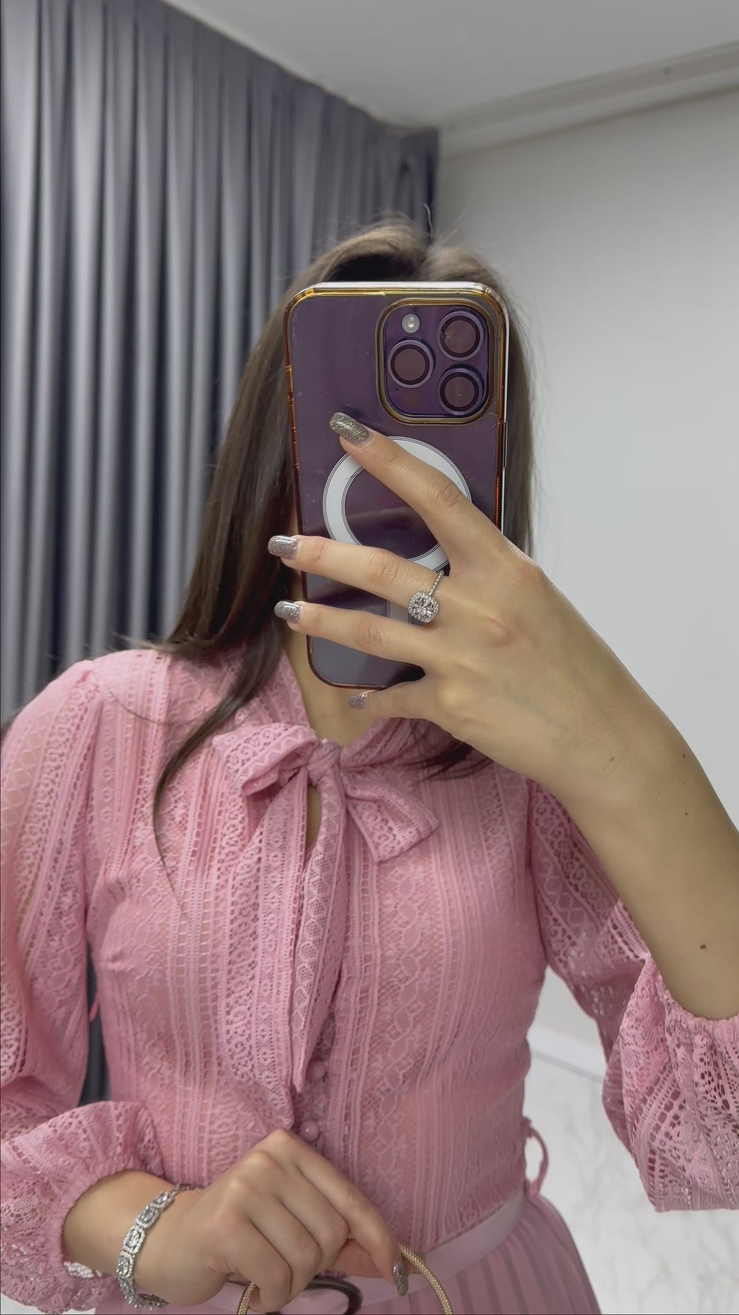 Pembe Boyundan Bağlamalı Fransız Güpür Piliseli Abiye Elbise

