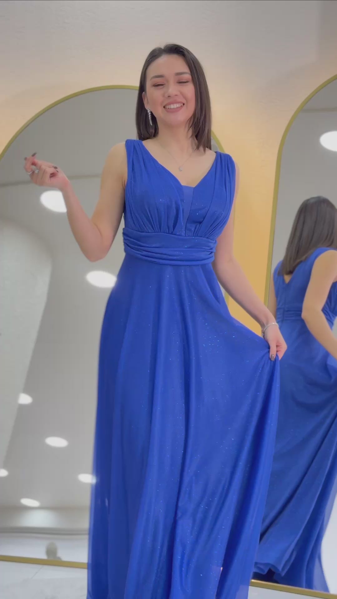 Saks Mavisi Sıfır Kol Transparan Detay Abiye Elbise