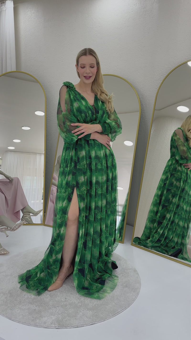 Kadın Yeşil Çiçek Detay Desenli Büyük Beden Abiye Elbise