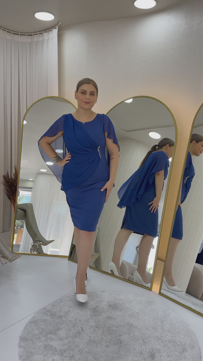 Büyük Beden Midi Boy Şifon Pelerinli Abiye Elbise