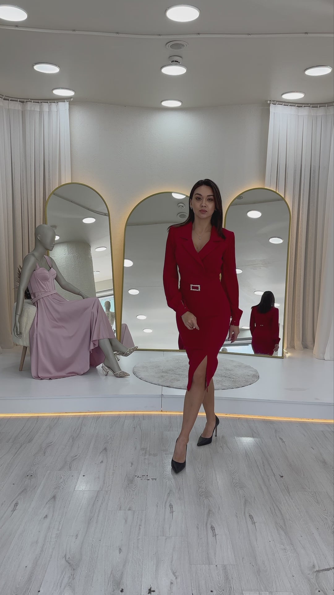 Kırmızı Kruvaze Yaka Kemerli Midi Boy Kalem Elbise