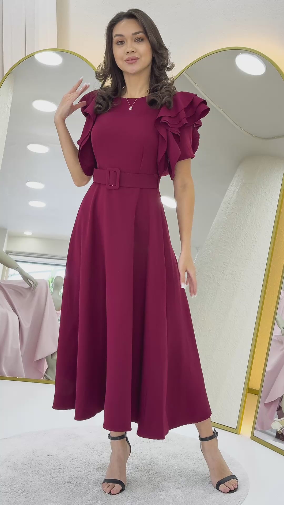 Bordo Omuz Fırfır Detaylı Kemerli Midi Boy Elbis