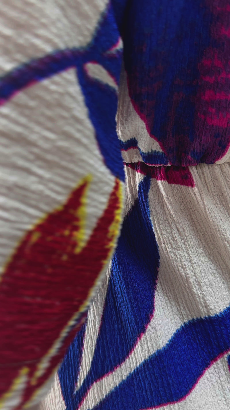 Mavi Yaprak Desen Yarasa Kol Midi Elbise