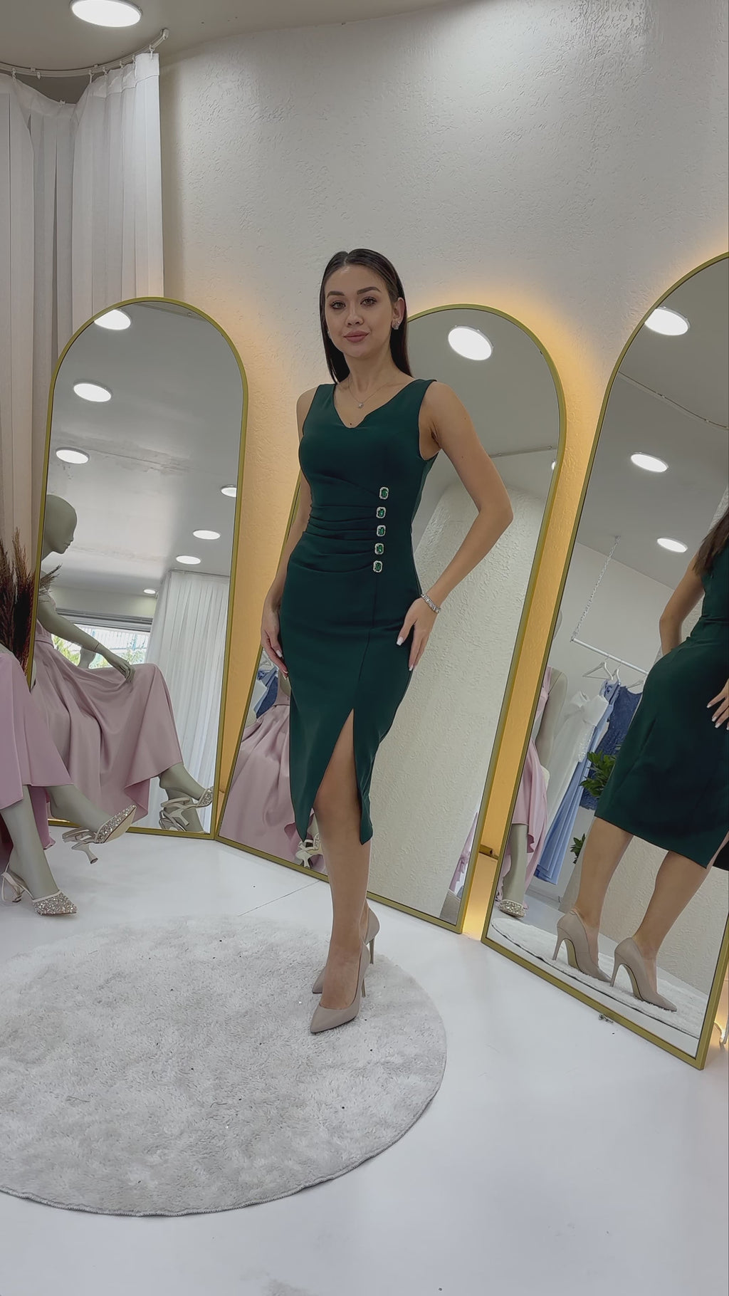 Yeşil V Yaka Midi Boy Taş Detaylı Büyük Beden Abiye Elbise