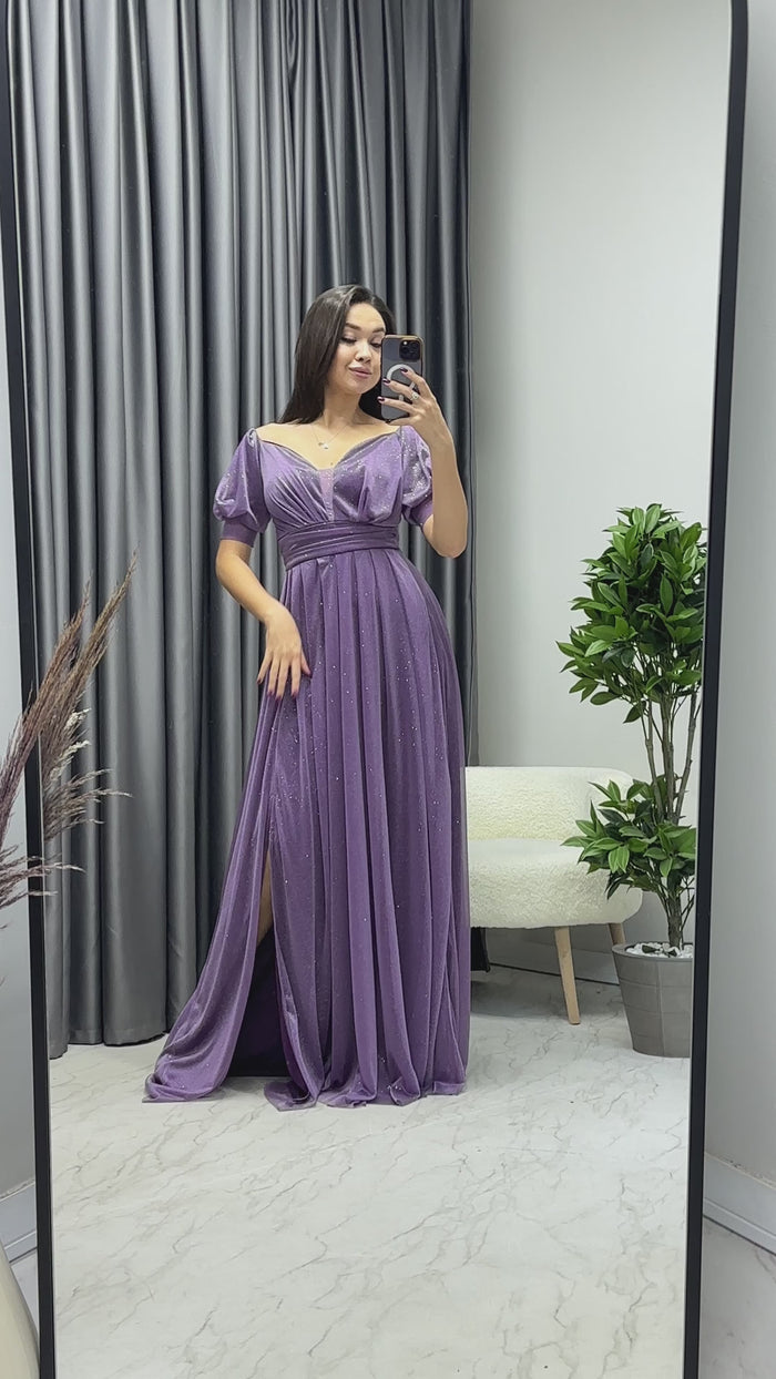 Kadın Lila  Kısa Kol Drapeli Abiye Elbise