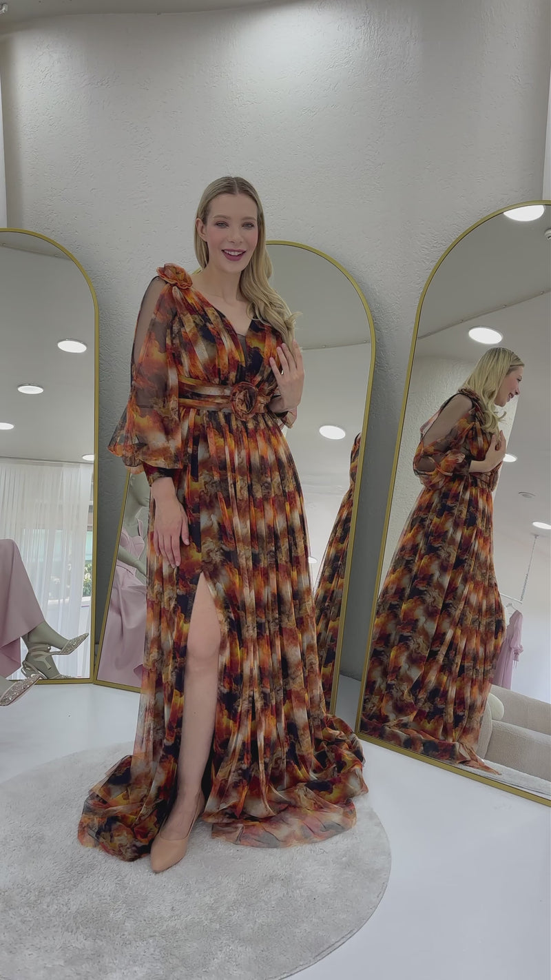 Kadın Kahverengi Çiçek Detay Desenli Büyük Beden Abiye Elbise