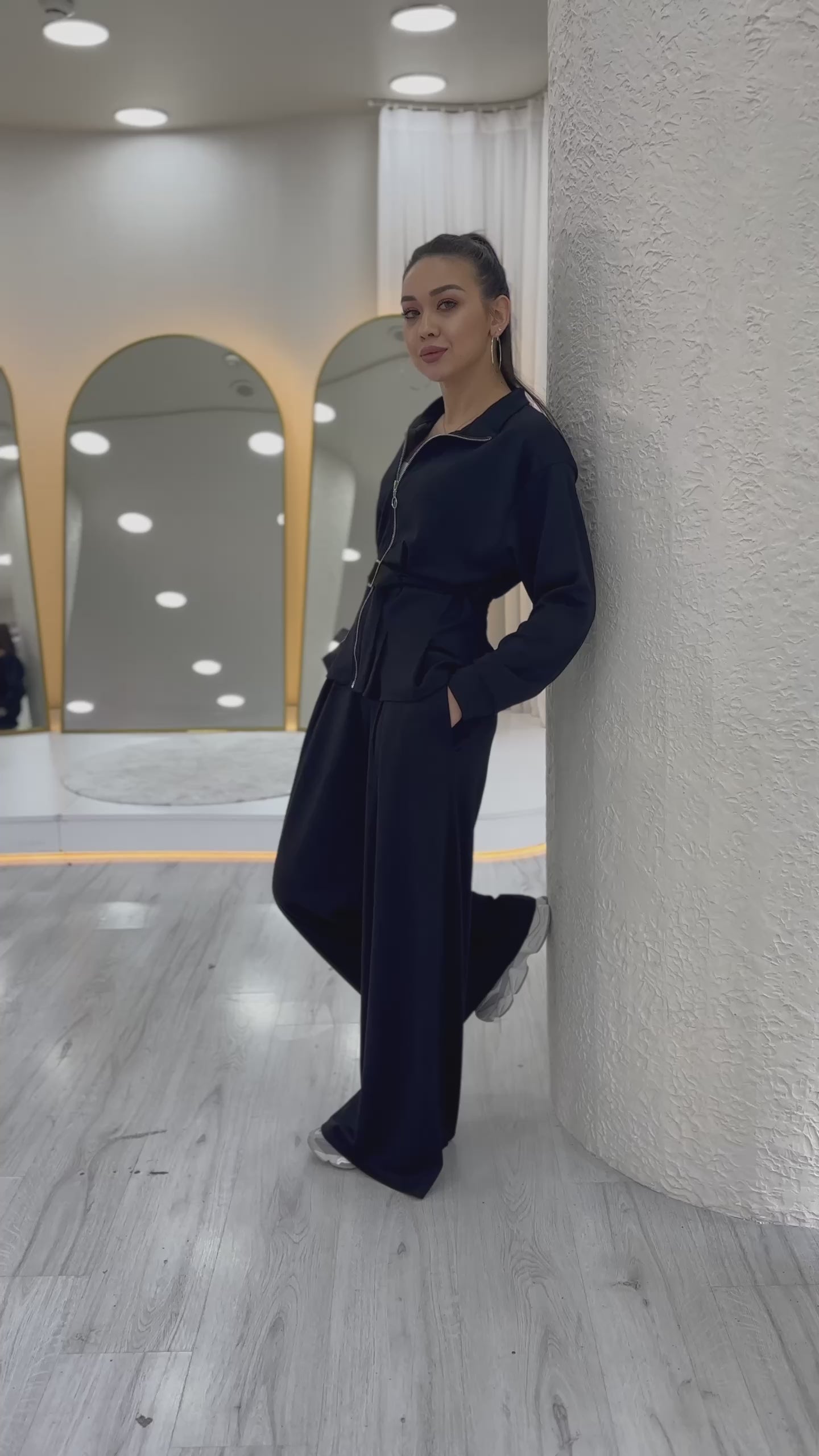 Fermuarlı Kemer Detay Geniş Paça Modal İkili Takım