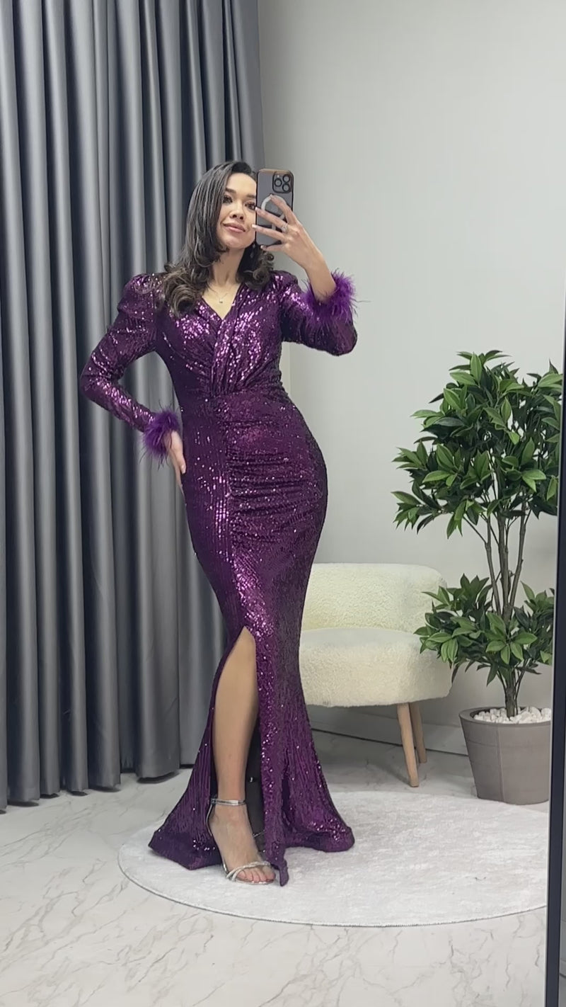 Mor Kruvaze Yaka Otriş Detay Pul Payet Yırtmaçlı Balık Abiye Elbise