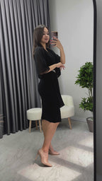 Kadın Siyah Taş Detaylı Volan Kol Simli Abiye Elbise