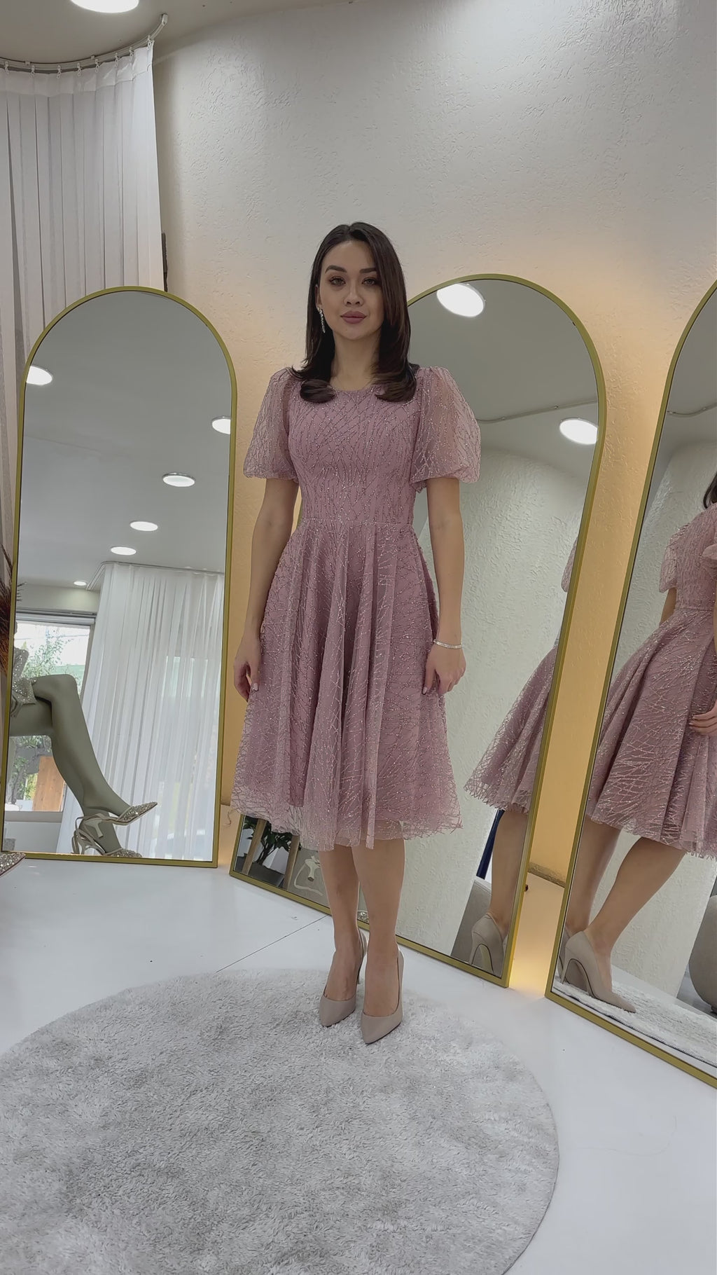 Pudra Balon Kol Simli Kloş Midi Boy Abiye Elbise