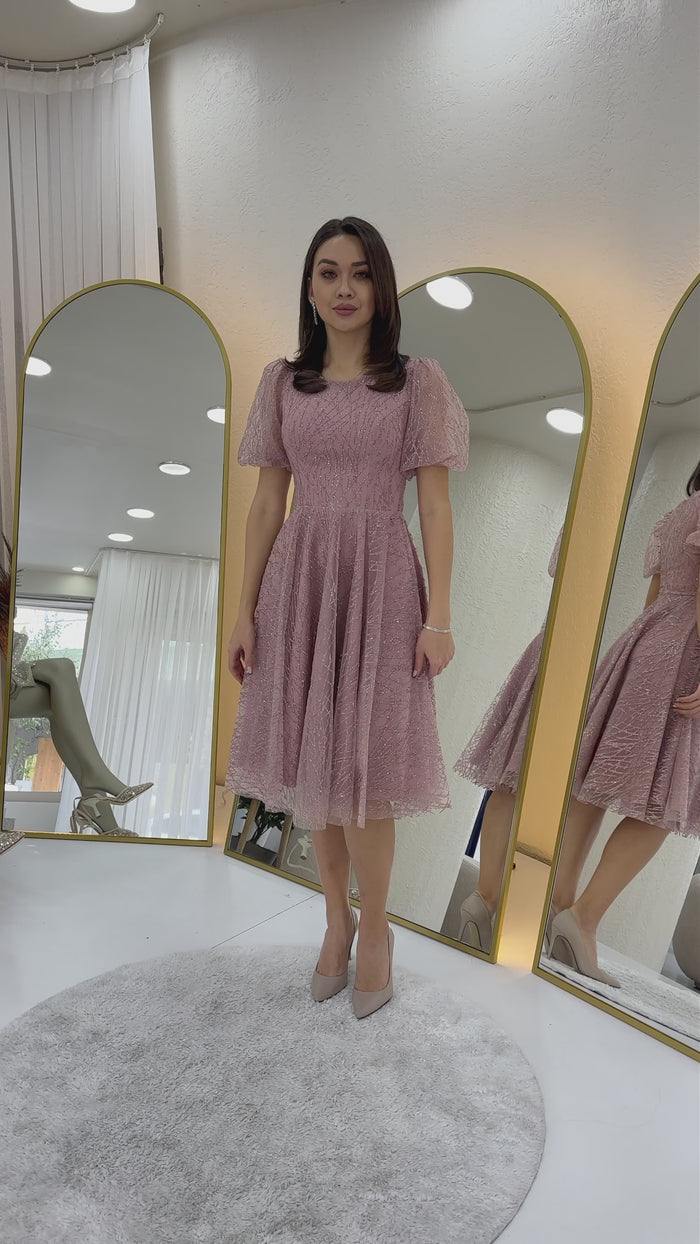 Pudra Balon Kol Simli Kloş Midi Boy Abiye Elbise