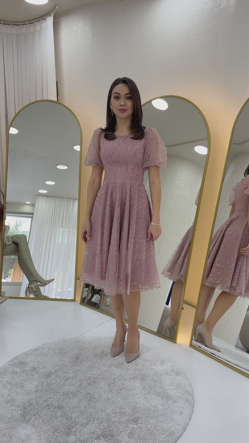 Pudra Balon Kol Simli Kloş Midi Boy Abiye Elbise